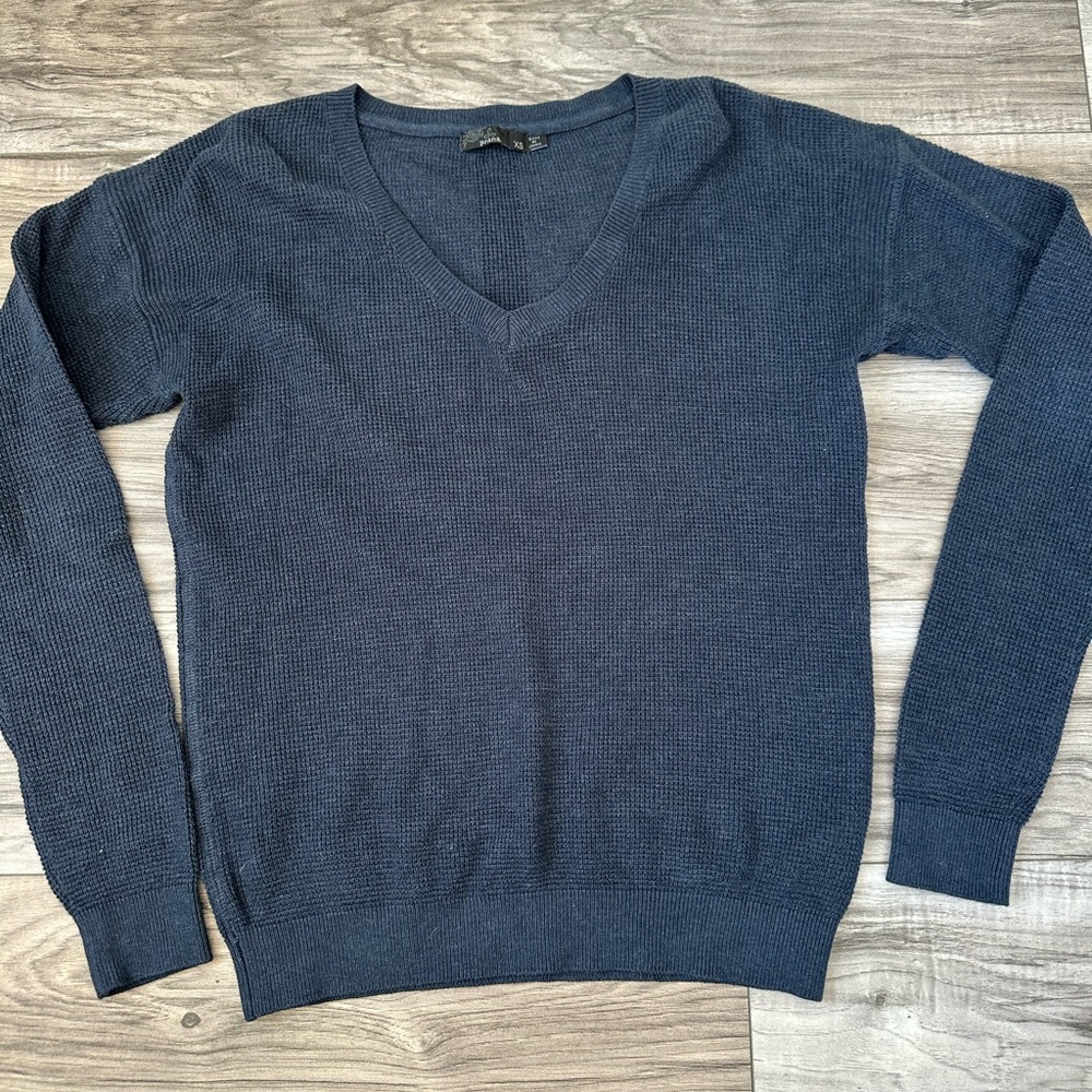 Prana Organic Cotton V-Neck Waffle Knit Sweater Outdoor Wear in Navy Size XS